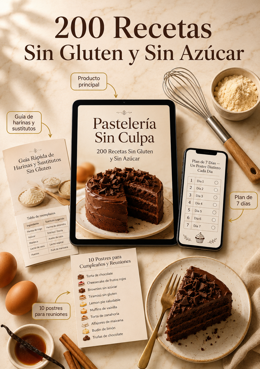 Pastelería Sin Culpa 200 Recetas para Celíacos y Personas con Diabetes Sin Gluten • Sin Azúcar • Deliciosamente Irresistibles